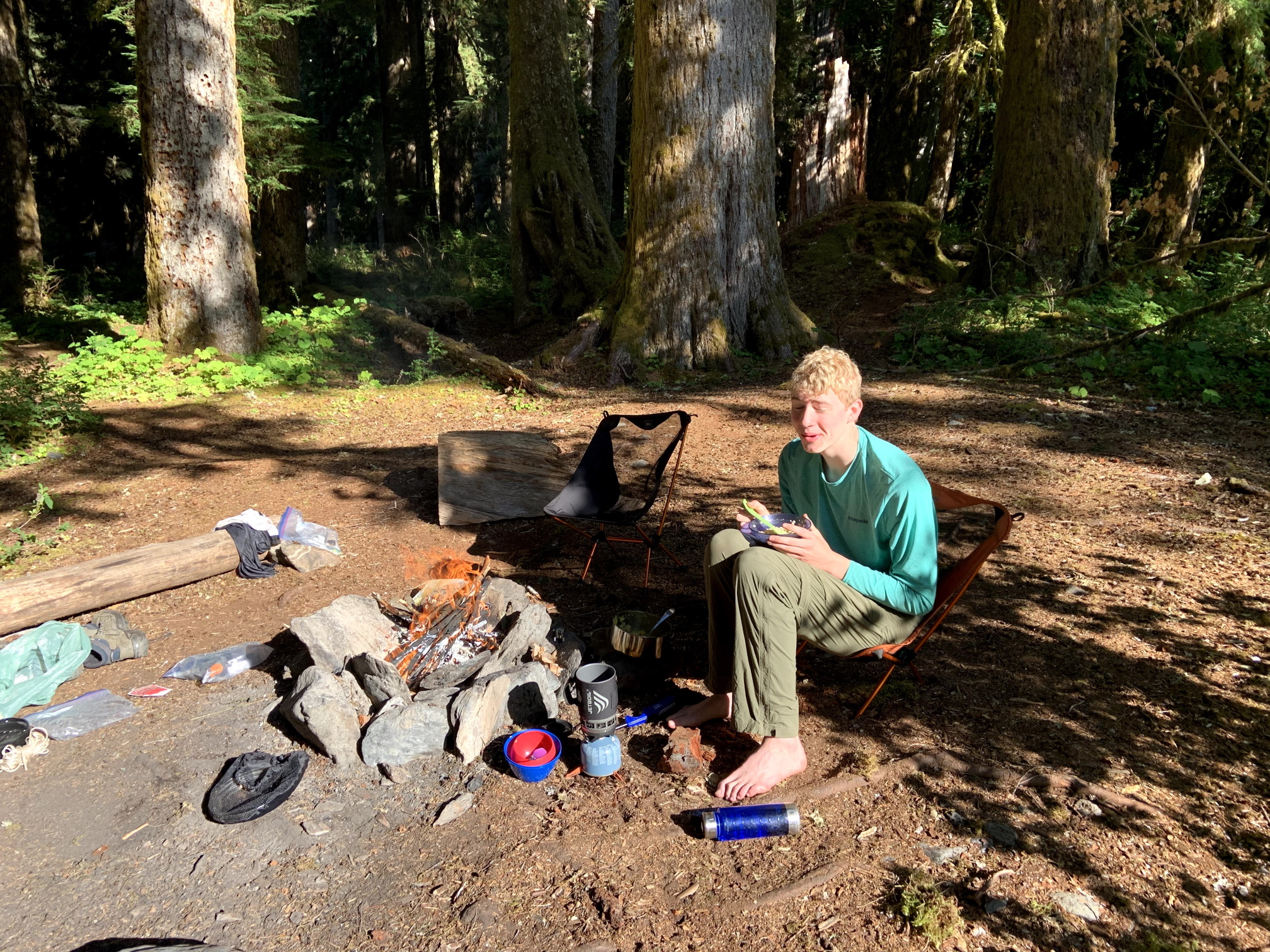 Me at the campsite with bare feet